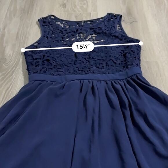 Lulus Romantic Tale Navy Blue Crochet Lace Open Back Mini Skater Dress Size M - Picture 11 of 13